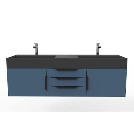 Castello Usa Amazon 60" Wall Mounted Blue Vanity With Black Top And Black Handles CB-MC-60BLU-BL-2056-BL
